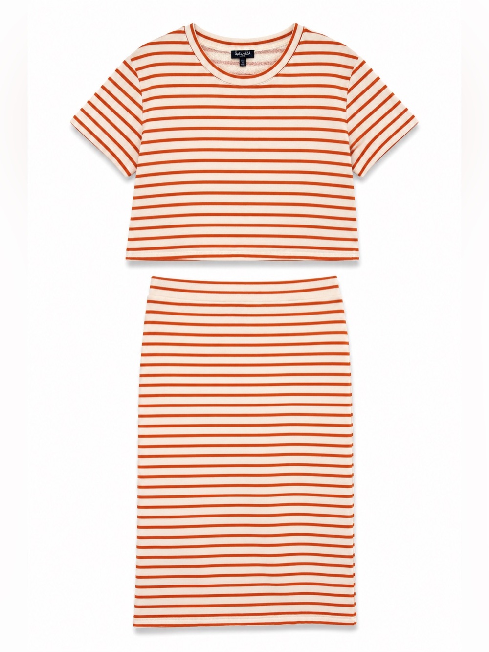 Splendid Royale Terry Matching Set Persimmon Stripe Tee and Midi Skirt M/L